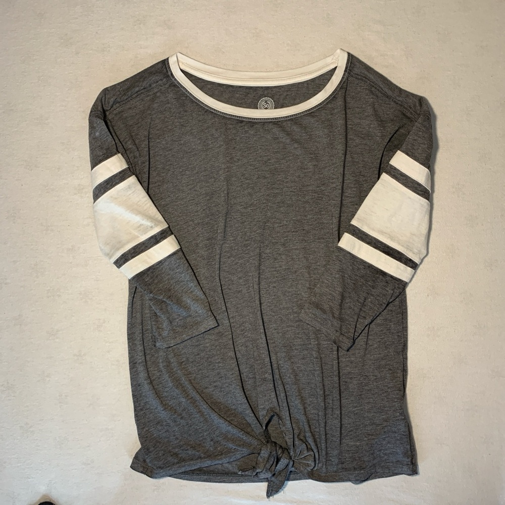 SO Grey & White Striped 3/4 Sleeve Top With Tie Detail